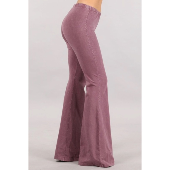 Dusty Rose Boho Mineral Wash Stretch Flared Bell Bottom Casual Pants - Picture 4 of 6